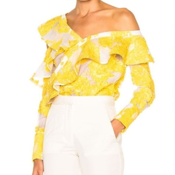 Self Portrait Yellow Floral Fil Coupe Asymetric Mesh Ruffled Top Off Shoulder - Picture 2 of 16